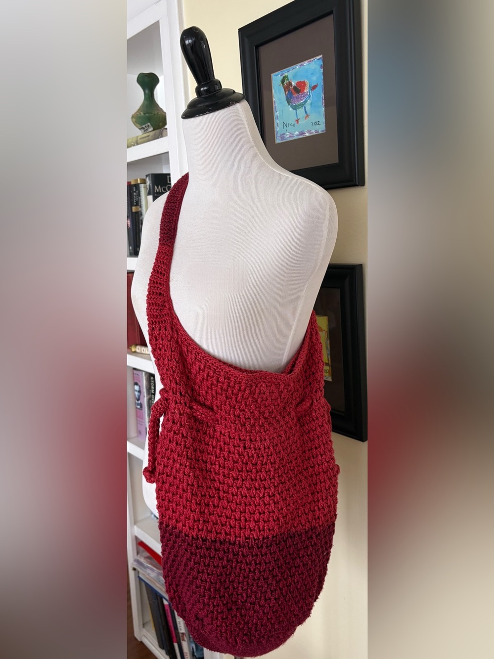 Boho Bag VTG Y2K Handmade Crochet Red Colorblock Shoulder Crossbody Happy & Free - Picture 3 of 7
